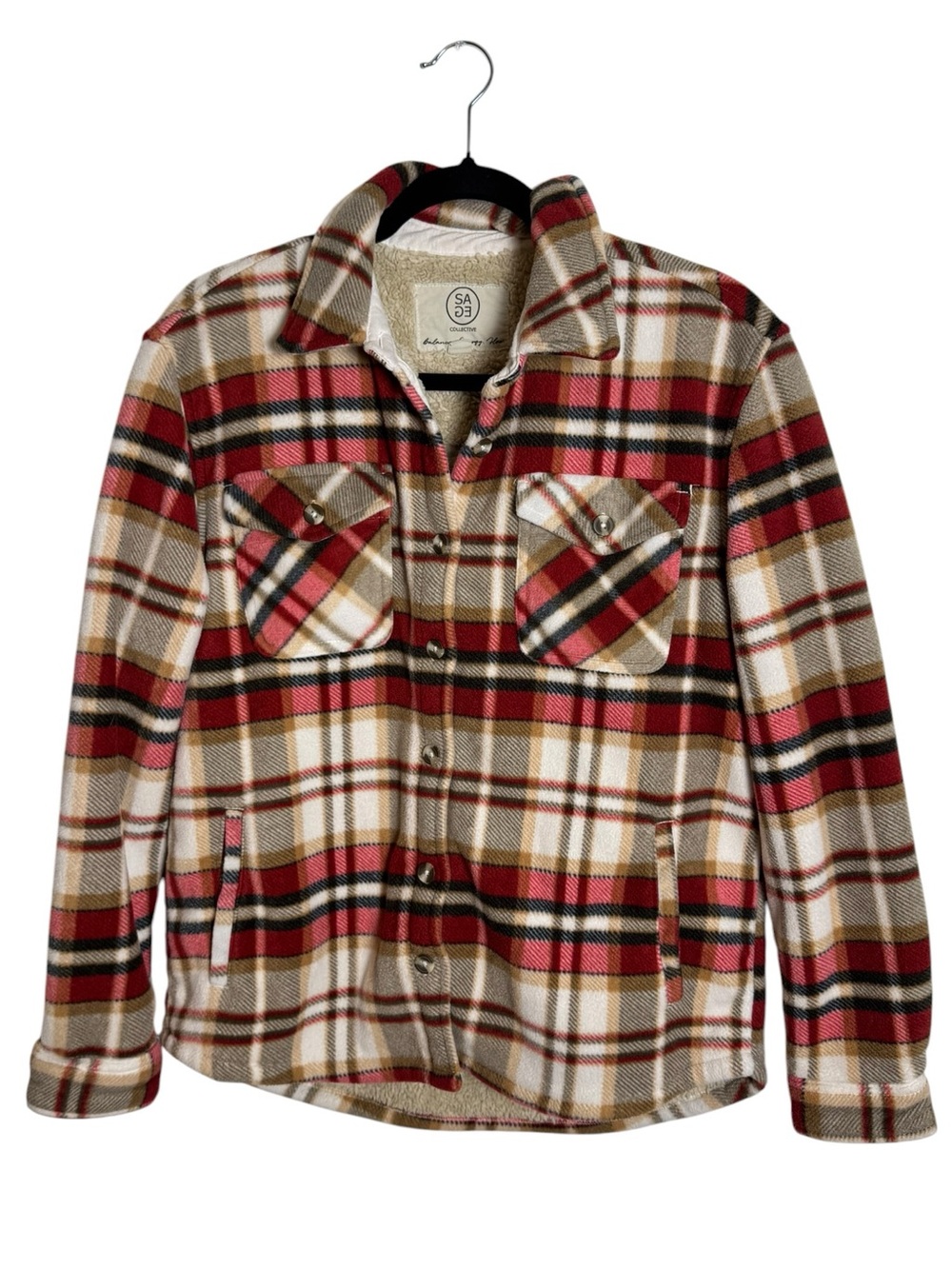 Sage Collective Sherpa Lined Plaid Fleece Shacket Jacket Red Tan Cream